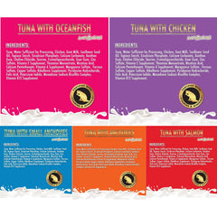 Fussie Cat variety-pack ten cans showing five flavors for mix-and-match meals.