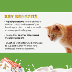 Fussie Cat chicken-goat-milk wet food closeup highlights velvety texture for picky eaters.