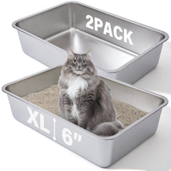 FUTAM stainless steel litter box 2-pack front view with roomy interior for large cats.