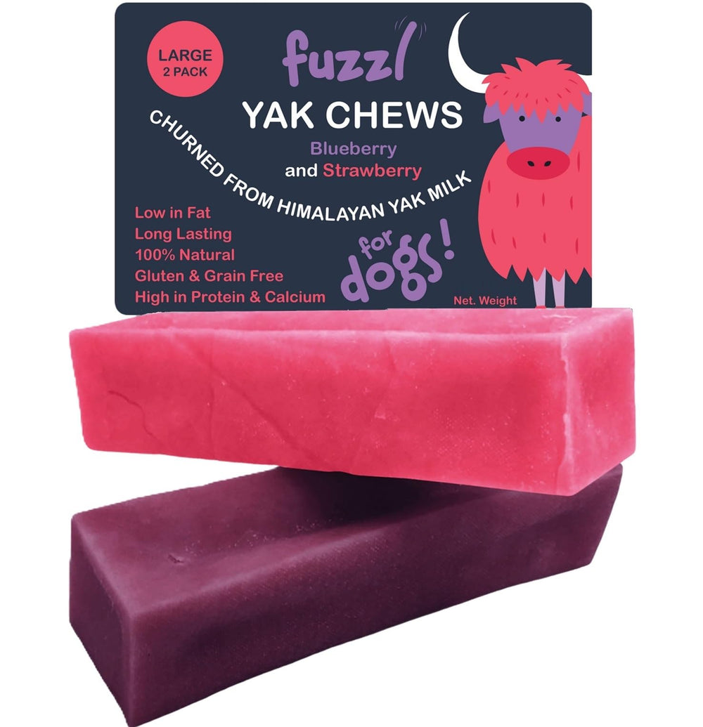 Fuzzl Yak Chews blueberry-strawberry pack shows natural ingredients for dogs