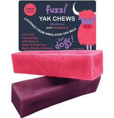 Fuzzl Yak Chews blueberry-strawberry pack shows natural ingredients for dogs