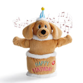 Fuzzwoof birthday cake dog toy closeup shows plush softness for safe cuddly play.
