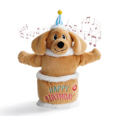Fuzzwoof birthday cake dog toy closeup shows plush softness for safe cuddly play.