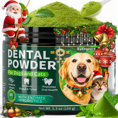 Fuzzycare dog dental powder tub close-up for convenient daily care