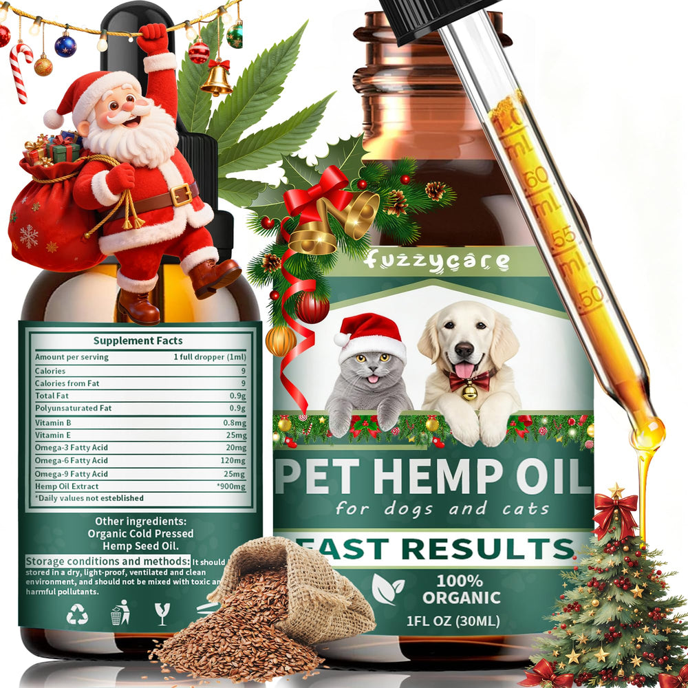 Fuzzycare hemp oil dog-cat bottle highlighting calming relief for anxious pets.
