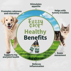 Fuzzycare hemp oil dropper pour enabling easy dosing for joint and coat health.