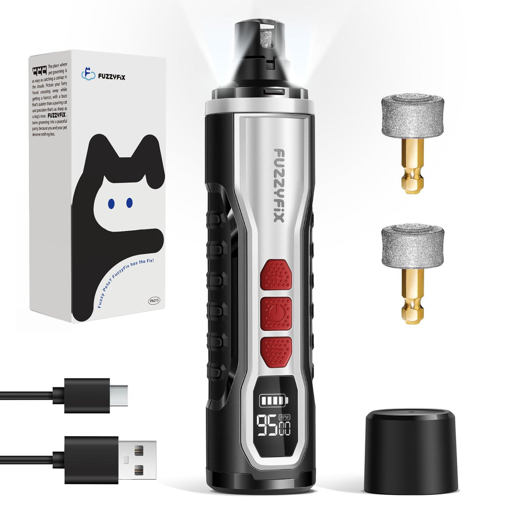 FuzzyFix dog nail grinder in front view showing compact design for quiet, controlled trimming.