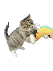 FXGJDeng Saury Fish toy in yellow, side view, crinkle sound sparks hunting instincts.