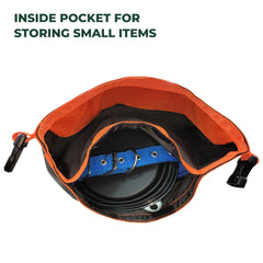 FXW dog food travel bag roll-down closure seals odors and saves space.