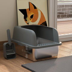 FYLICA open-top stainless litter box highlights easy scooping and open airflow for clean monitoring.