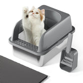 FYLICA stainless-steel cat litter box lid demonstrates leak-proof containment and privacy for cats.