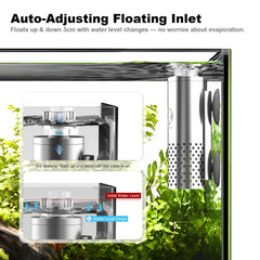 FZONE Aquarium Surface Skimmer floating inlet illustrates auto-adjusting intake and consistent skimming