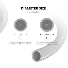 FZONE aquarium tubing 16mm ID, 21mm OD shows measured dimensions and BPA-free safety for aquariums.