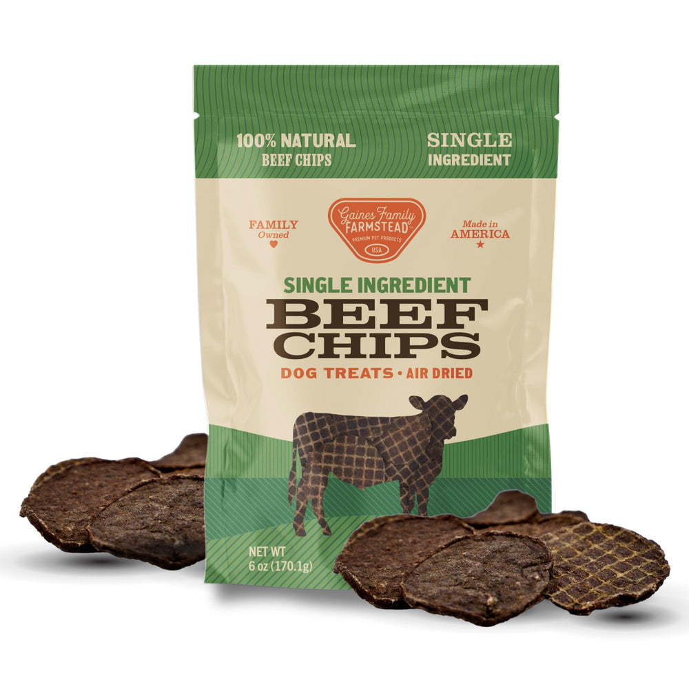 Gaines Family Farmstead Beef Chips on plate—a crunchy training reward for dogs.