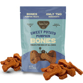 Gaines Family Farmstead Pumpkin & Sweet Potato Dog Bones bag closeup shows natural ingredients for gentle digestion