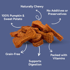 Gaines Family Farmstead pumpkin-sweet-potato ingredients panel emphasizes fiber and vitamins