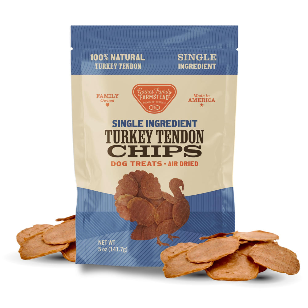 Gaines Family Farmstead turkey tendon chips bag close-up, a high-protein dog treat.