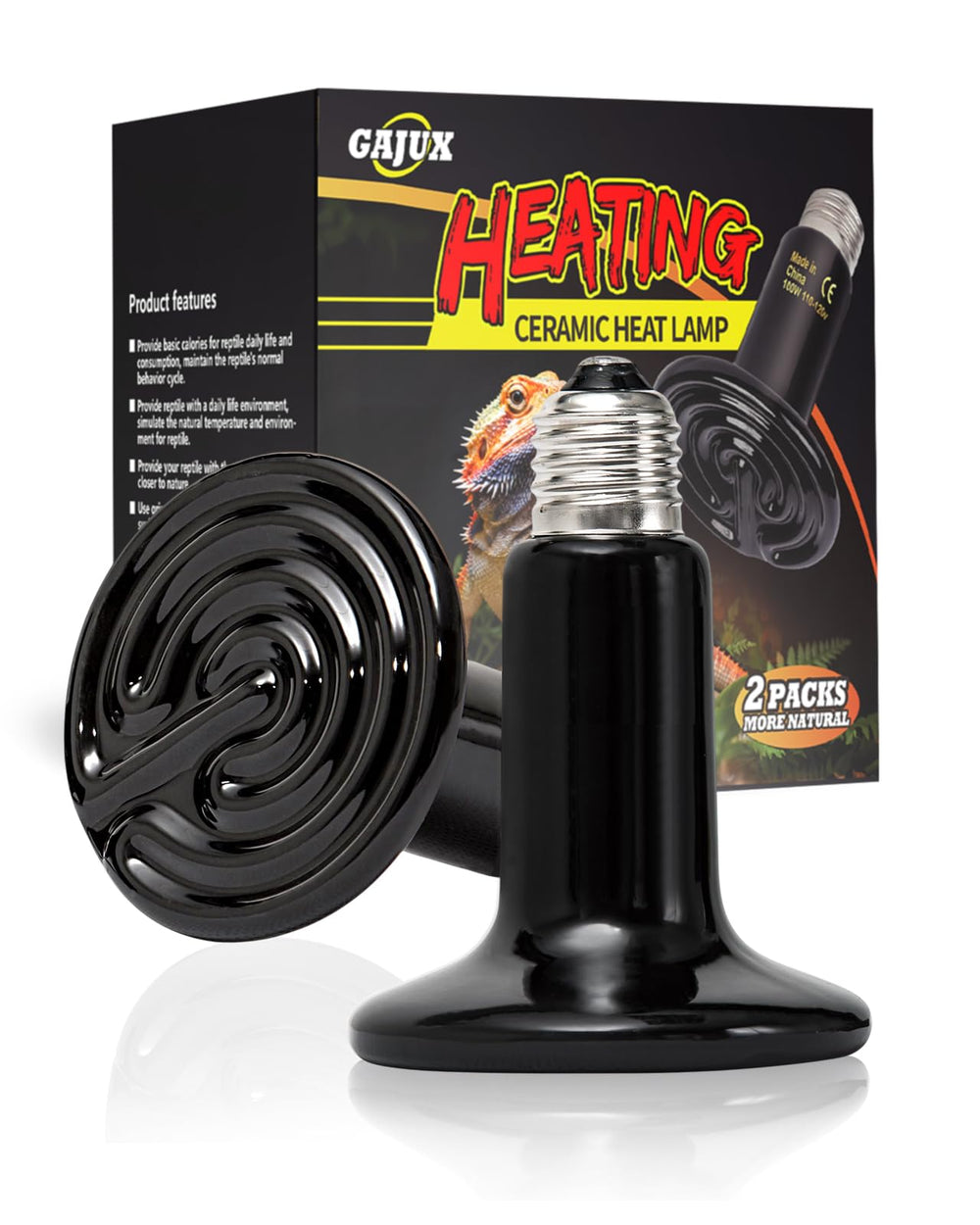 GAJUX 100W ceramic heat emitter bulb showing compact heat source for reptile enclosures, reliable warmth