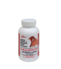 Gallomin 100 tablets bottle, a poultry vitamin supplement for roosters to support routine nutrition.