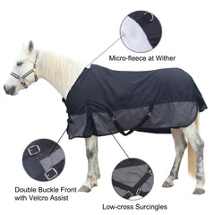 Gallopoff double-buckle front strap with Velcro helps the blanket stay secure.