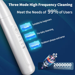 Ganciu ultrasonic cleaning head close-up ready to contact teeth for gentle action.