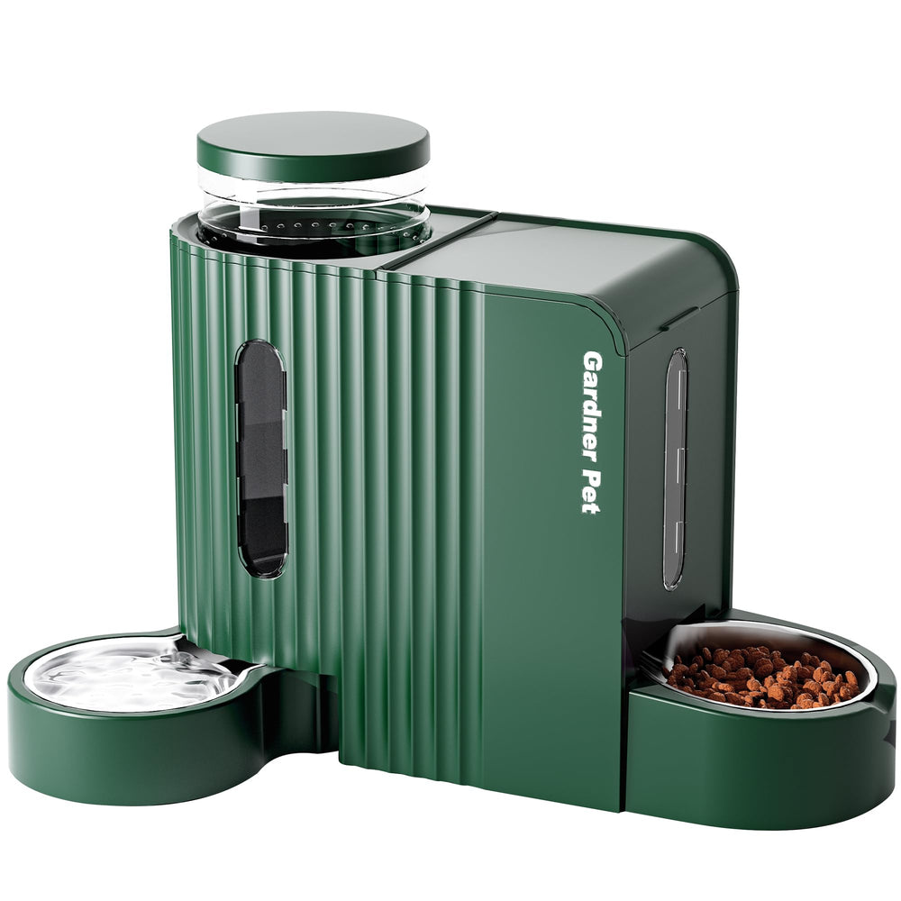 Gardner Pet gravity feeder front view with large food and water storage.