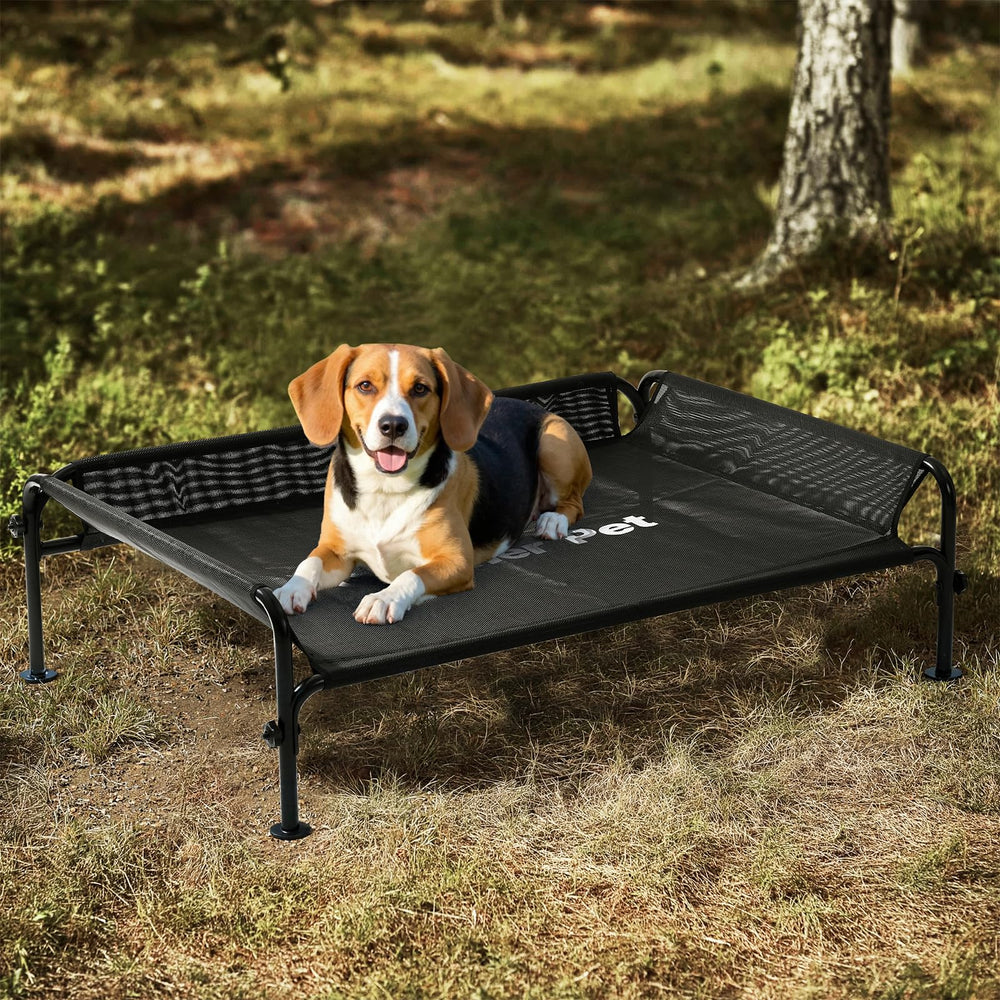 Gardner Pet elevated outdoor dog bed with 3-sided guardrail for secure lounging.