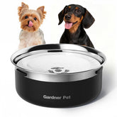 Gardner Pet slow water bowl side view shows spill-proof hydration for a dog.
