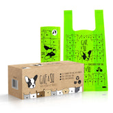 G.A.S certified compostable dog poop bags with handles in box for convenient walks.
