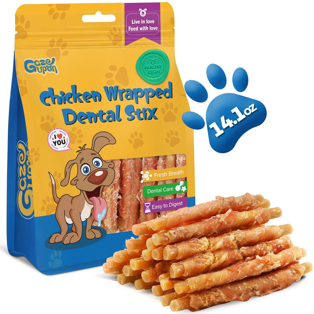 Gazeupon dog dental treats chicken-wrapped peanut butter stick close-up showing chewy texture for training