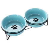GDCZ ceramics raised cat bowls on a heightened stand in turquoise, comfortable feeding.