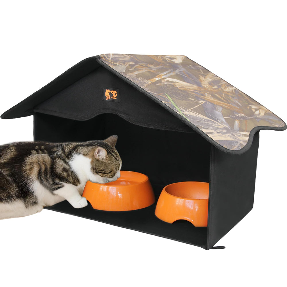 GeerDuo Outdoor Cat House with waterproof roof protects cats during outdoor feeding.