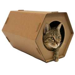 Generic Cardboard Cat House folded hexagon shows quick setup and portable hideaway for indoor cats.