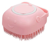 Generic pet-bath-massage-brush-pink-handle close-up shows a comfortable grip for gentle grooming.