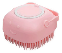 Generic pet-bath-massage-brush-pink-shampoo-dispense feature enabling easy bath soap release.