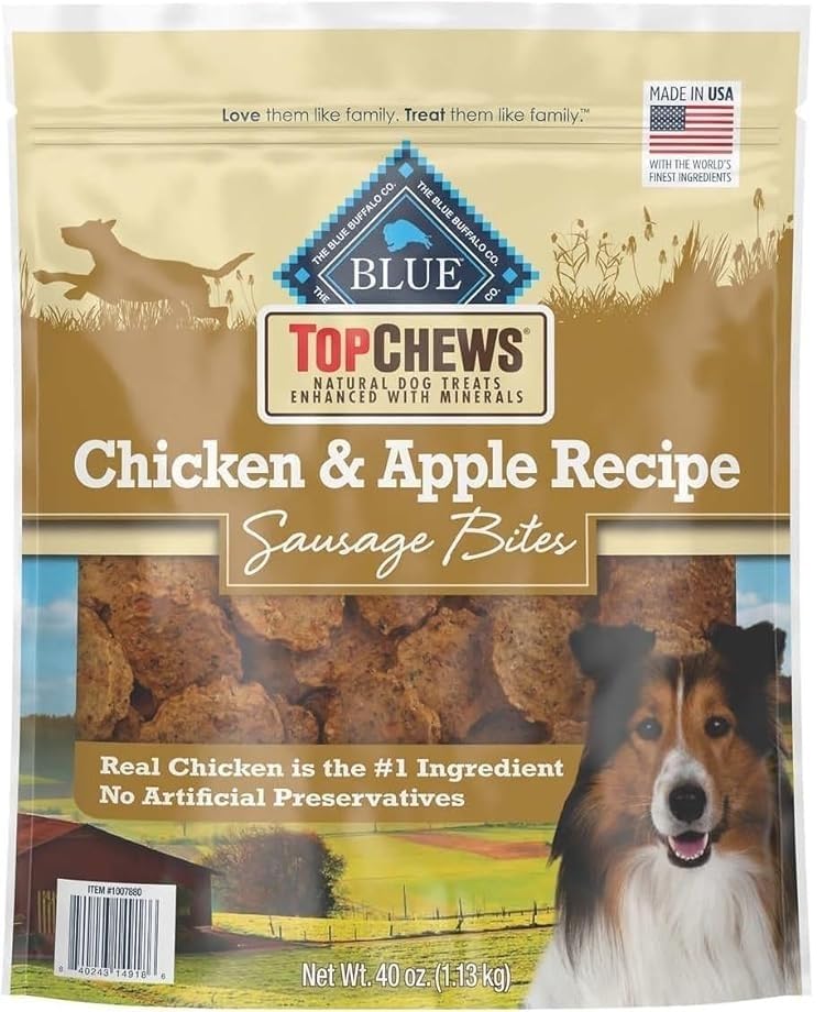 Generic Top Chews chicken and apple recipe dog treat packaging highlights natural ingredients for training and rewards.