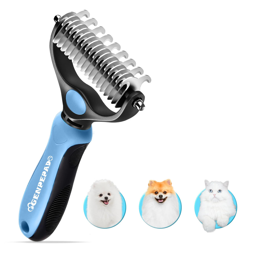 GENPEPADO undercoat rake dual-sided close-up with durable stainless steel teeth and ergonomic grip.