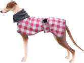 Geyecete greyhound coat front view in pink shows warm fleece protection for chilly walks.