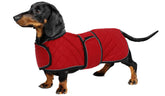Geyecete warm quilted dachshund coat front view with secure fit and waterproof shell.