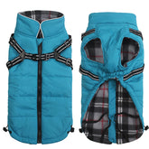 Geyecete Winter Warm Coat blue front view with harness attachment for secure control