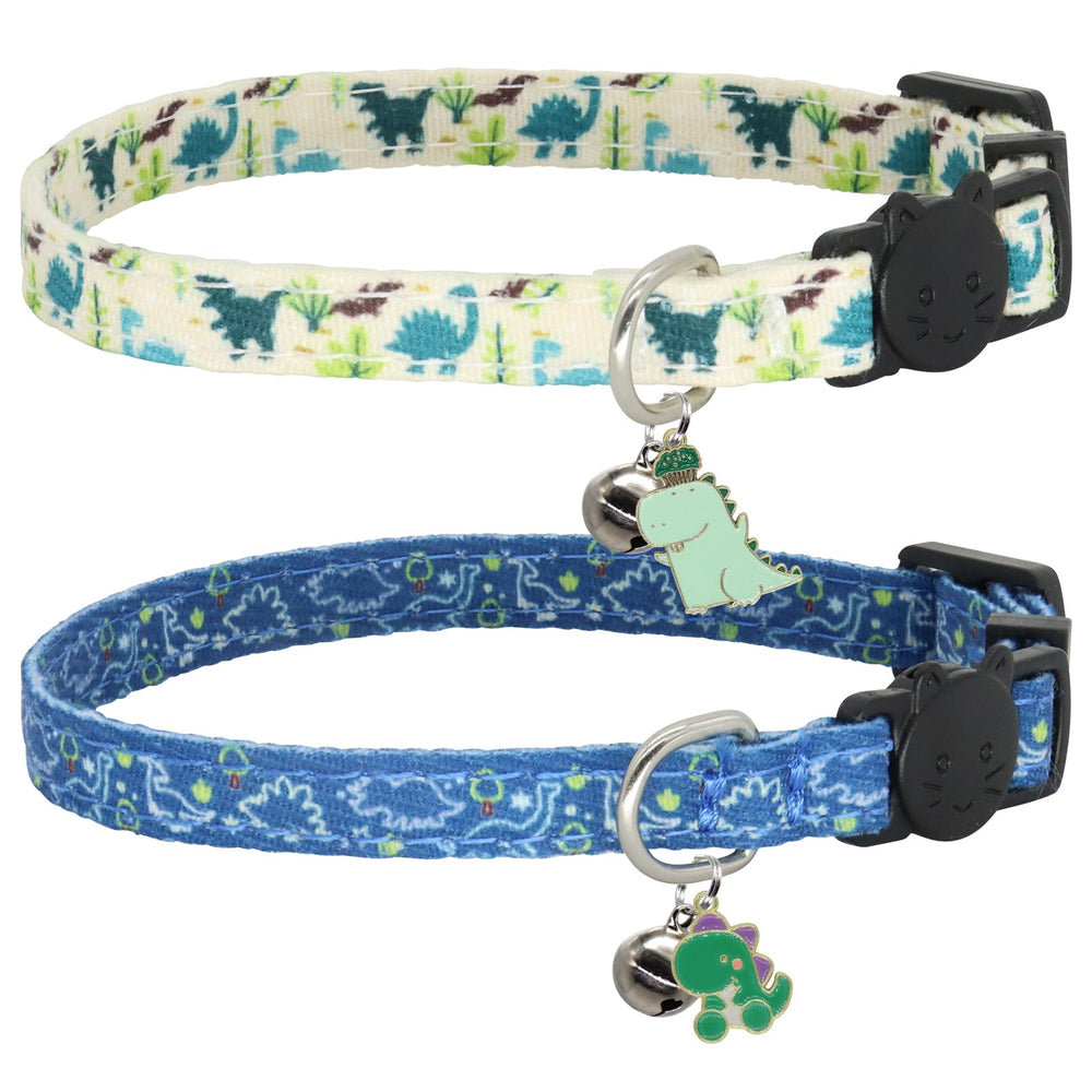 Giecooh cat collar breakaway dinosaur pattern closeup demonstrates safe design for playful cats