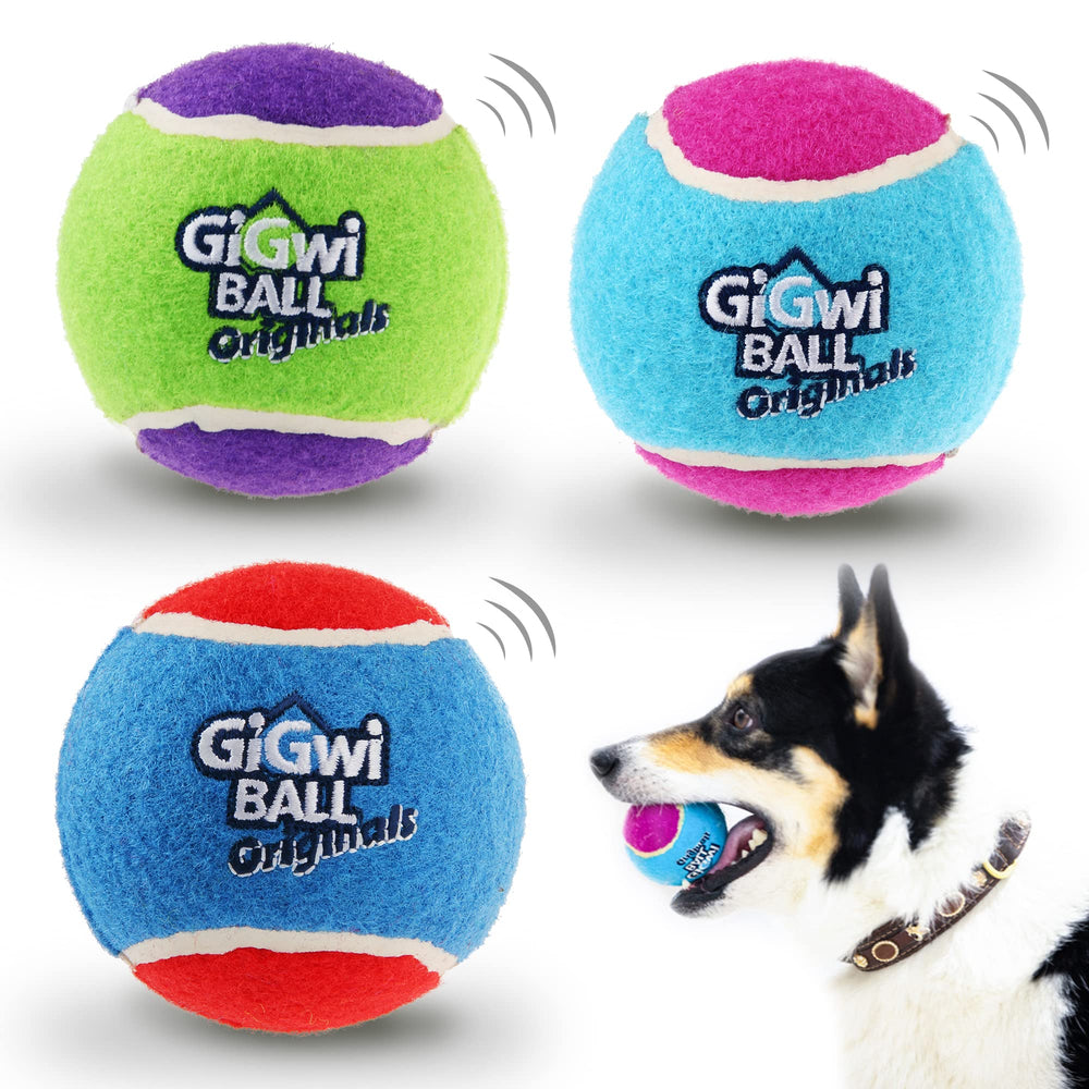 Gigwi tennis balls blue squeaky design for engaging fetch sessions.