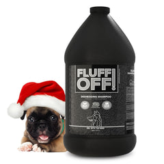 Girl With The Dogs Fluff Off 1 Gal bottle pouring for gentle deshedding.