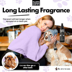 Girl With The Dogs Fluff Off dog-coat close-up illustrating detangling support.