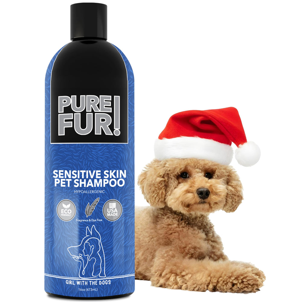 Girl With The Dogs Pure Fur bottle front highlights gentle, sensitive-skin dog shampoo.