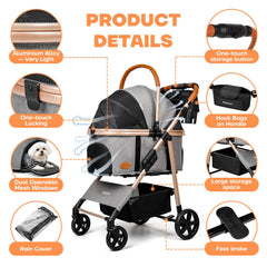Gisaryc Dog Cat Stroller 3-in-1 detachable carrier car seat versatility