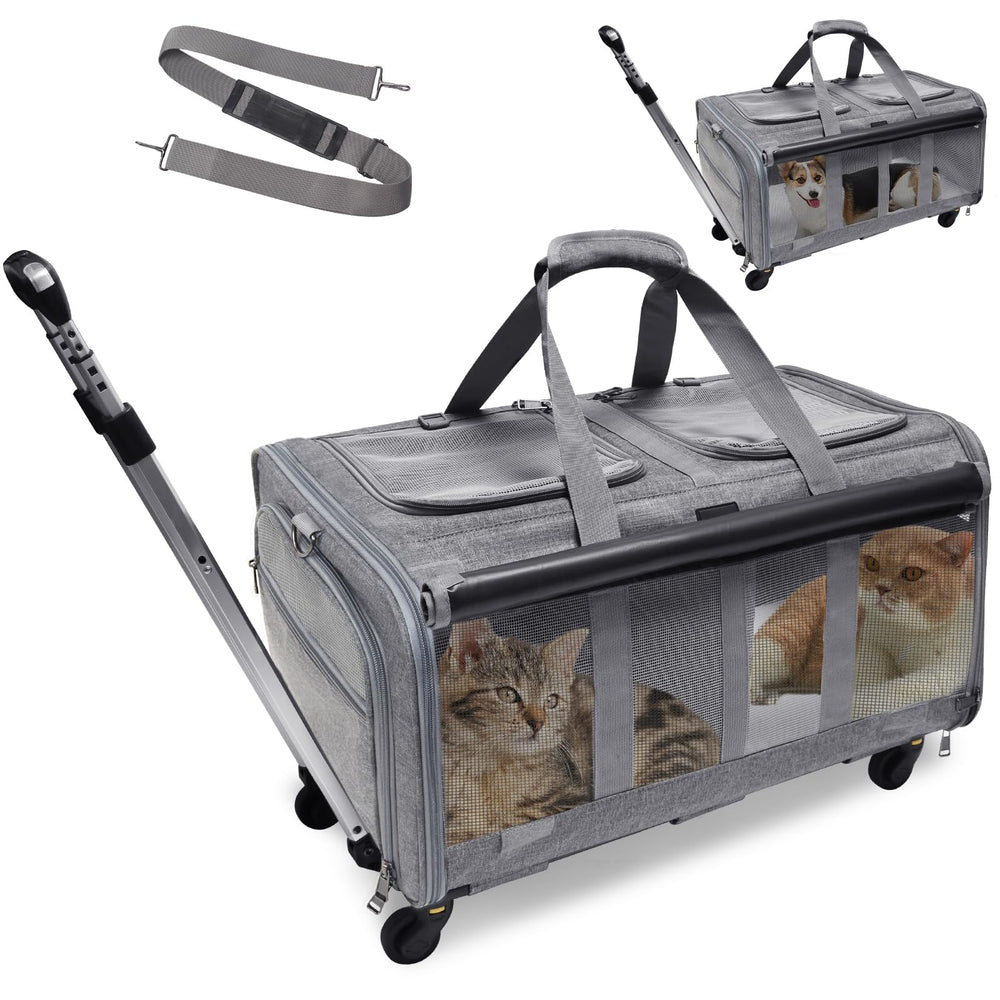 GJEASE cat rolling carrier with double-compartment design for two pets and visibility.