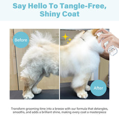 GJYC PET detangler spray being applied to dog coat to ease brushing.
