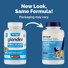 Glandex dog fiber supplement pour demonstrates easy dosing for digestion.