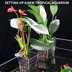 GLEFLE hanging aquarium plant cup on glass edge enhances freshwater aesthetics.
